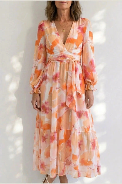 Printed Long Sleeve V-Neck Maxi Dress With Smocked Waist