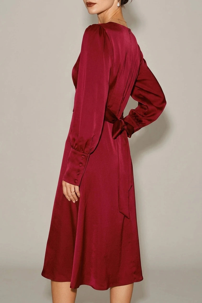 Wine Red Satin A-Line Midi Dress — variant_front