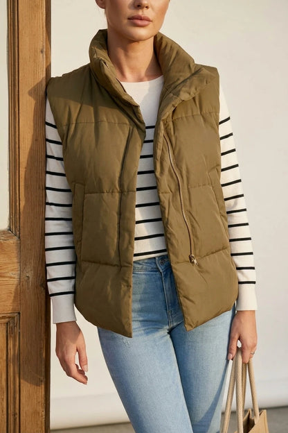 Quilted Puffer Gilet with Stand Collar and Side Pockets — variant_front