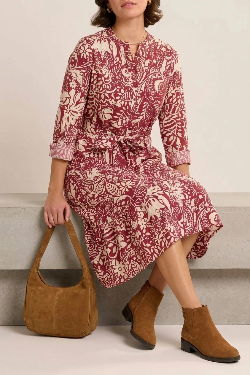 Alise Midi Dress Button Front Tie Waist Printed Dress