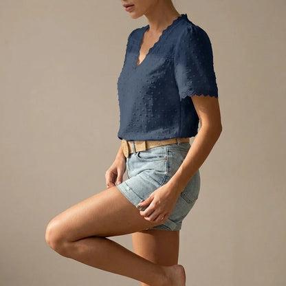 Bohemian Lace Trim Blouse with Swiss Dot Texture and V-Neckline — variant_front