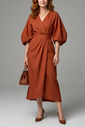 Wrap V-Neck Sculpted Waist Panel Midi Dress With Belted Waist And Puff Sleeves