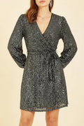 Belted Sequin Wrap V Neck Long Sleeve Dress