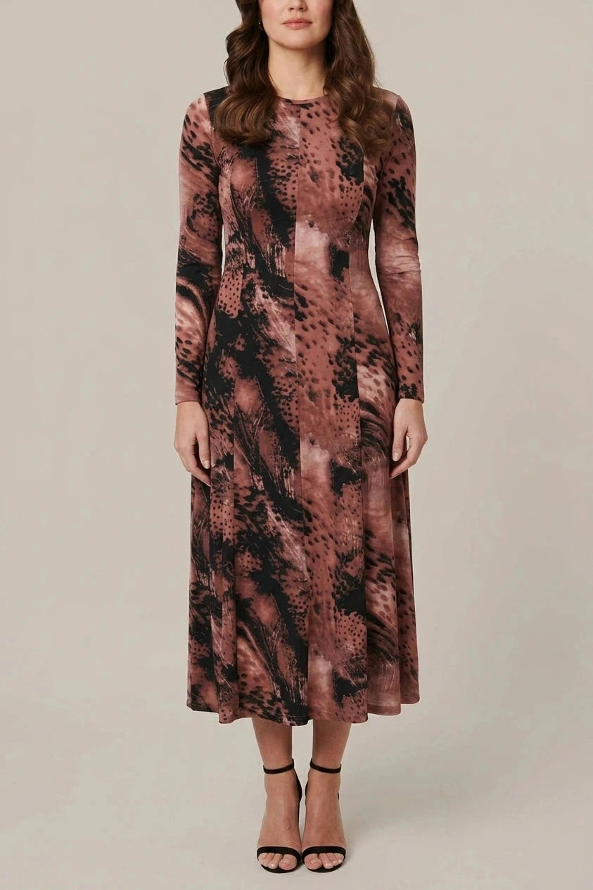 Abstract Long Sleeve Flared Midi Dress With Crew Neck