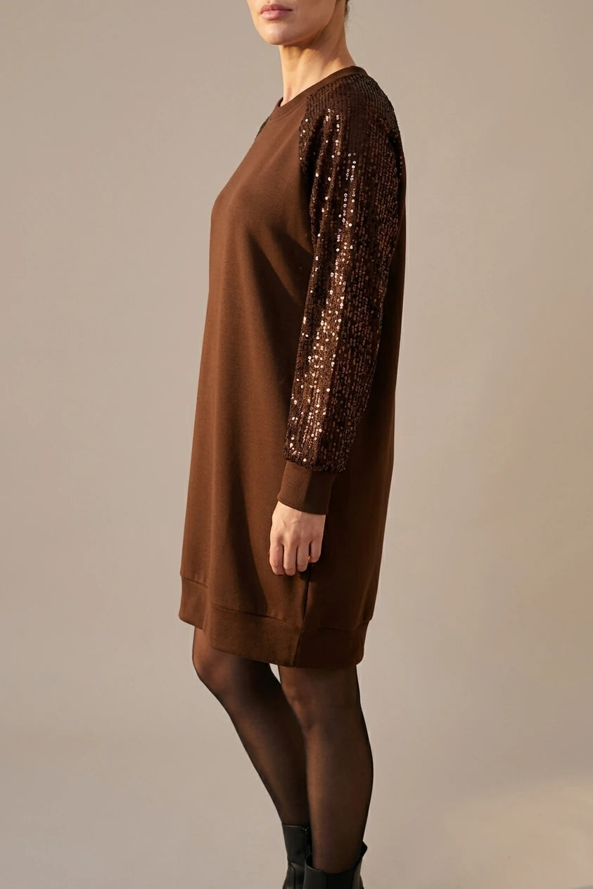 Women's Sequin Sleeve Sweatshirt Dress with Crew Neck — variant_front