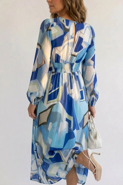 Printed Long Sleeve V-Neck Maxi Dress With Smocked Waist