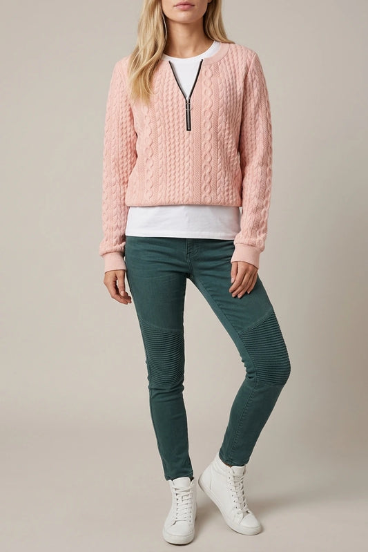 Women's Cable Knit Jumper with Half Zip and Long Sleeves — variant_front