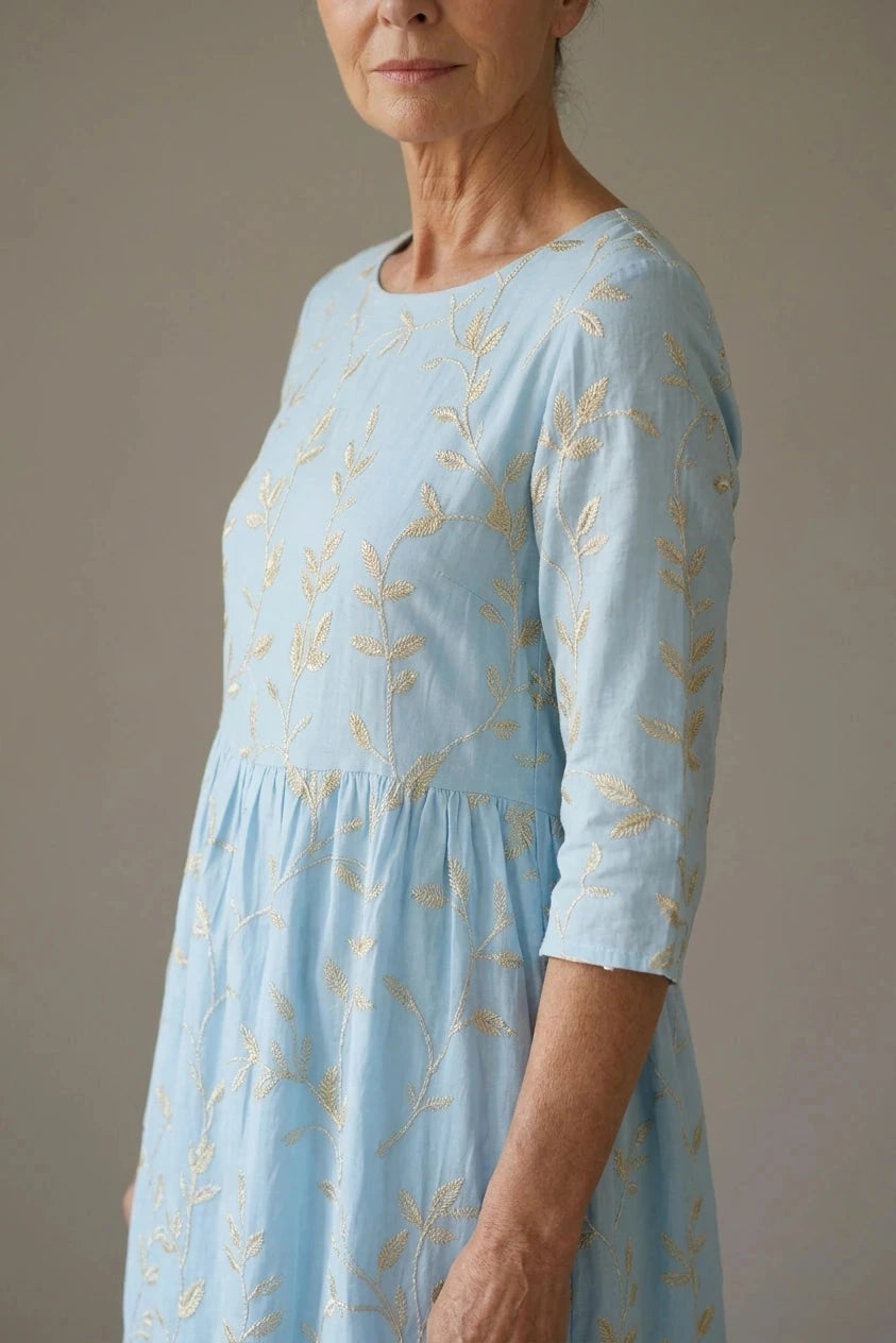 Shoreline Garden Dress, Embroidered Midi Dress With Round Neck And 3/4 Sleeves