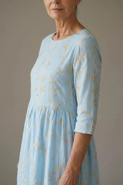 Shoreline Garden Dress, Embroidered Midi Dress With Round Neck And 3/4 Sleeves