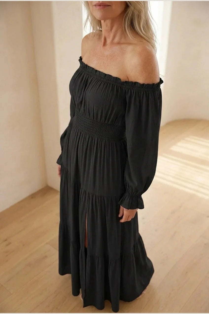 Aveline | Off Shoulder Long Sleeve Smocked Maxi Dress — variant_front