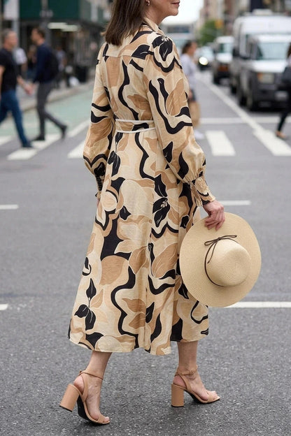 Abstract Floral Midi Shirt Dress Belted Button-Front Long Sleeve