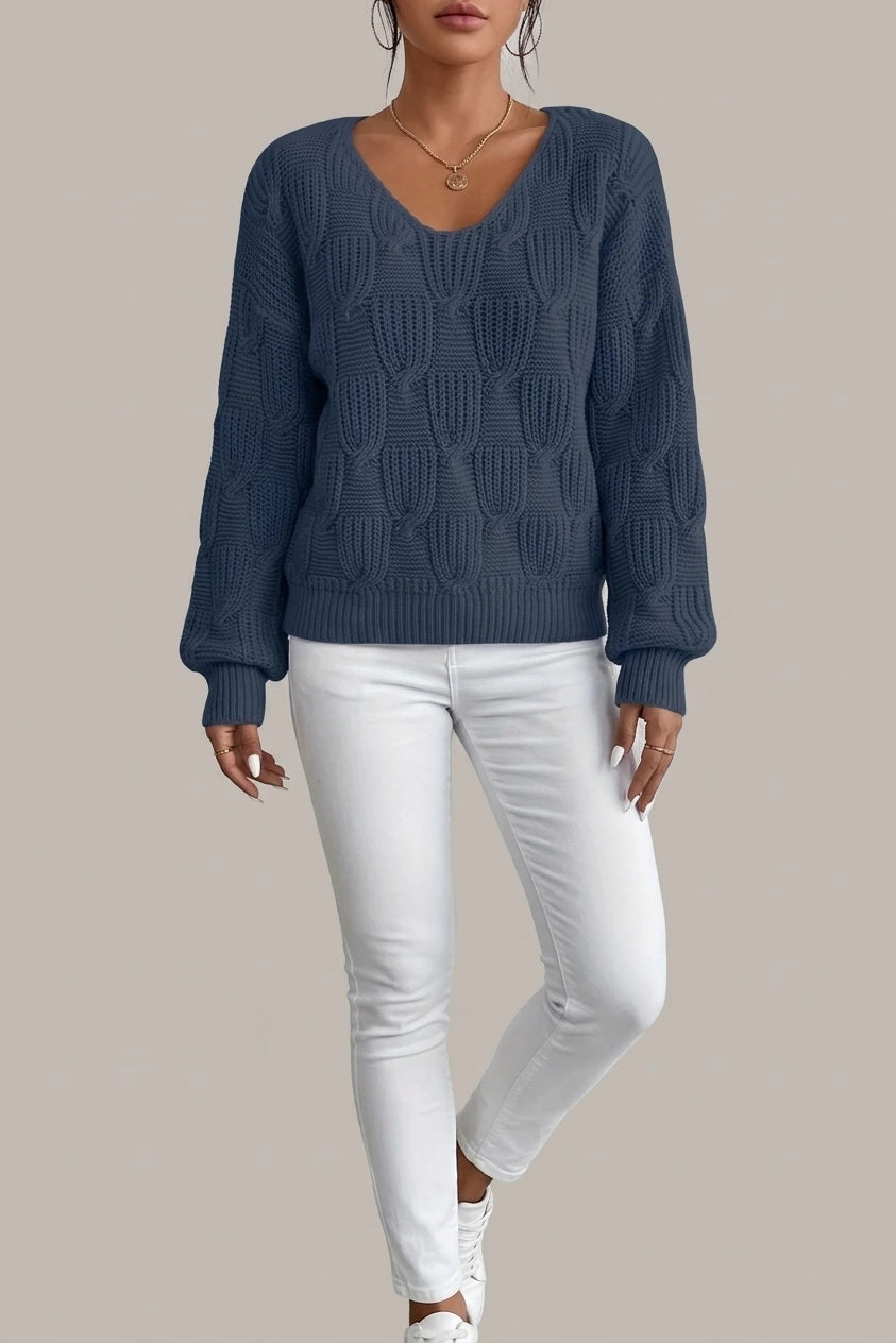 Cable Knit Sweater with V-Neckline and Puff Sleeves — variant_front