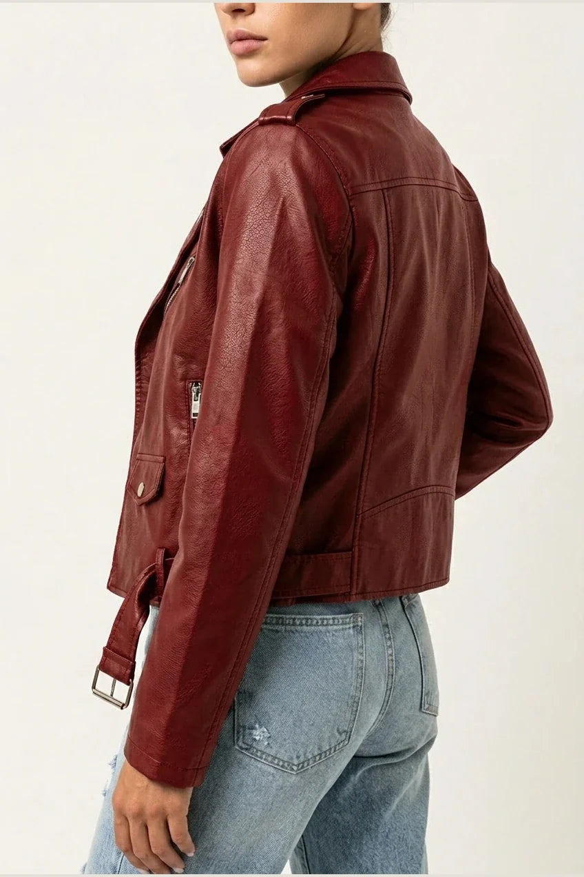 Black Faux Leather Biker Jacket with Asymmetric Zip and Belt — variant_front