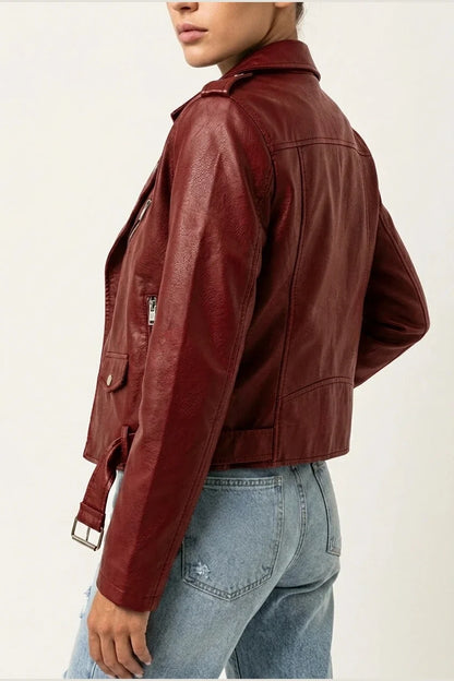 Black Faux Leather Biker Jacket with Asymmetric Zip and Belt — variant_front