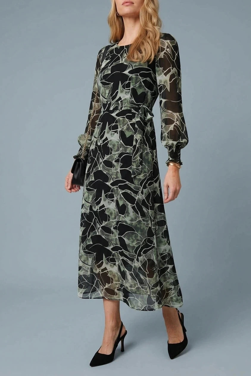 Abstract Long Sleeve Layered Maxi Dress With Sheer Sleeves And Tie Waist