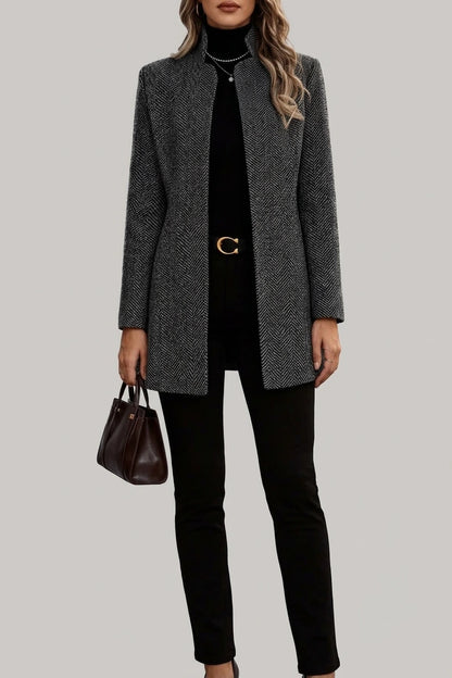 Polished Open Front Wool Coat with Herringbone Texture — variant_front
