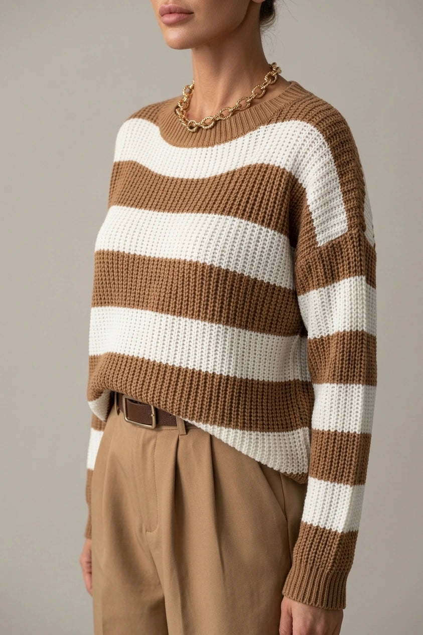 Cosy Striped Knit Sweater with Crew Neck and Ribbed Cuffs — variant_front