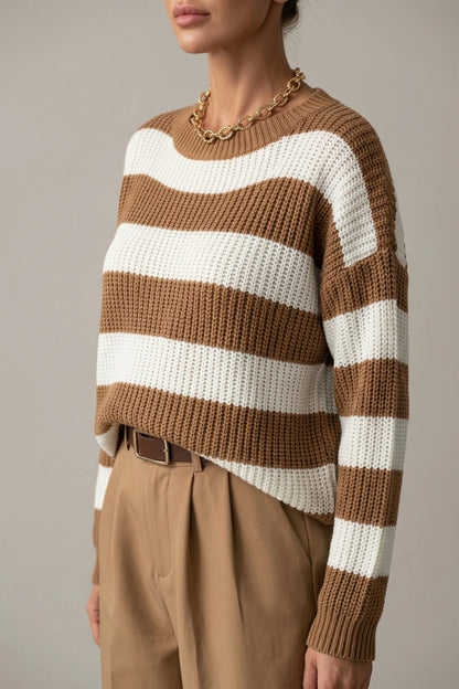 Cosy Striped Knit Sweater with Crew Neck and Ribbed Cuffs — variant_front