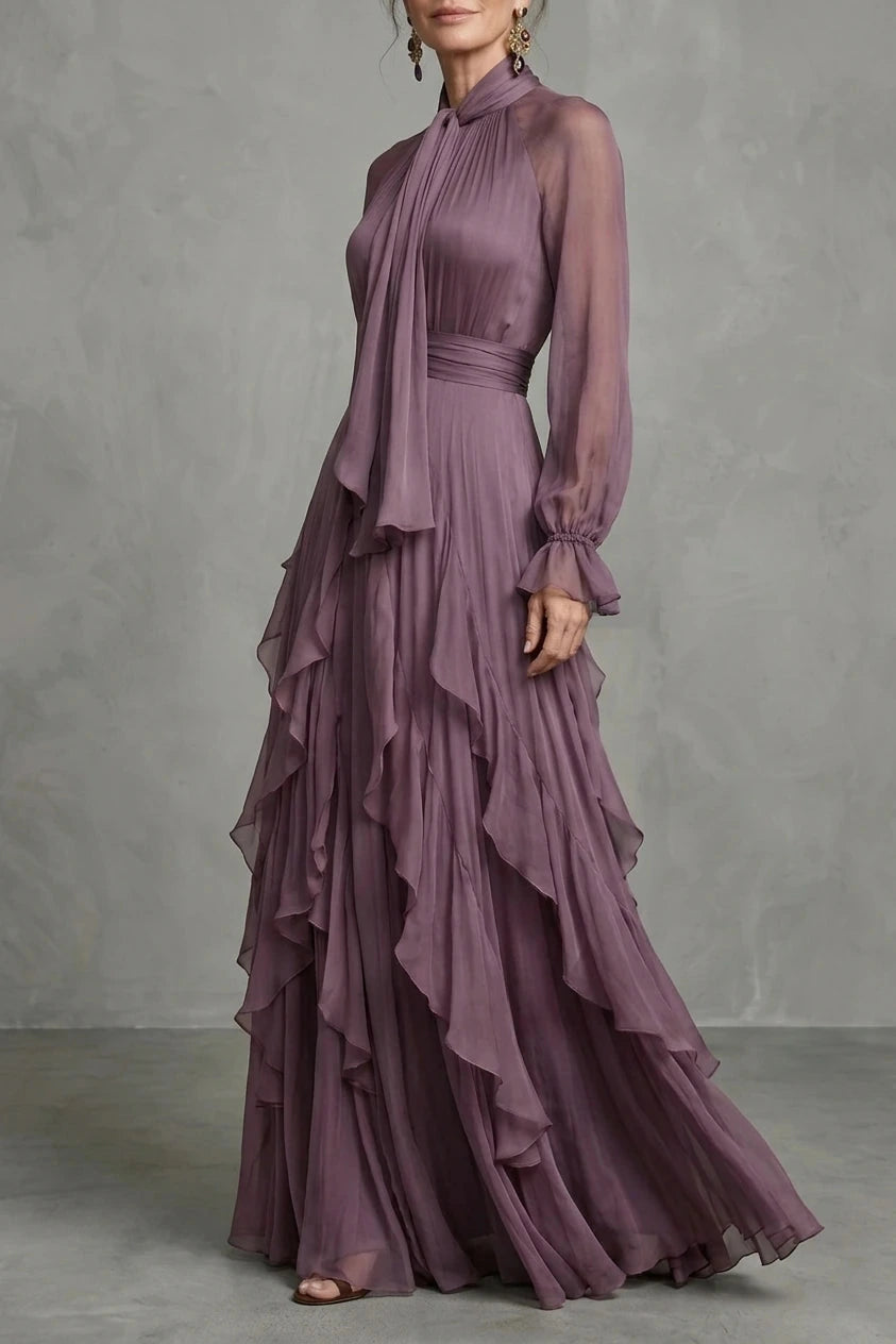 Tie Neck Ruffle Tiered Maxi Dress Long Sleeve High Neck Tie Detail