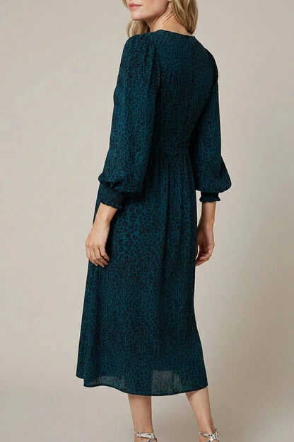 Animal Print Long Puff Sleeve Midi Dress V-Neck Empire Waist