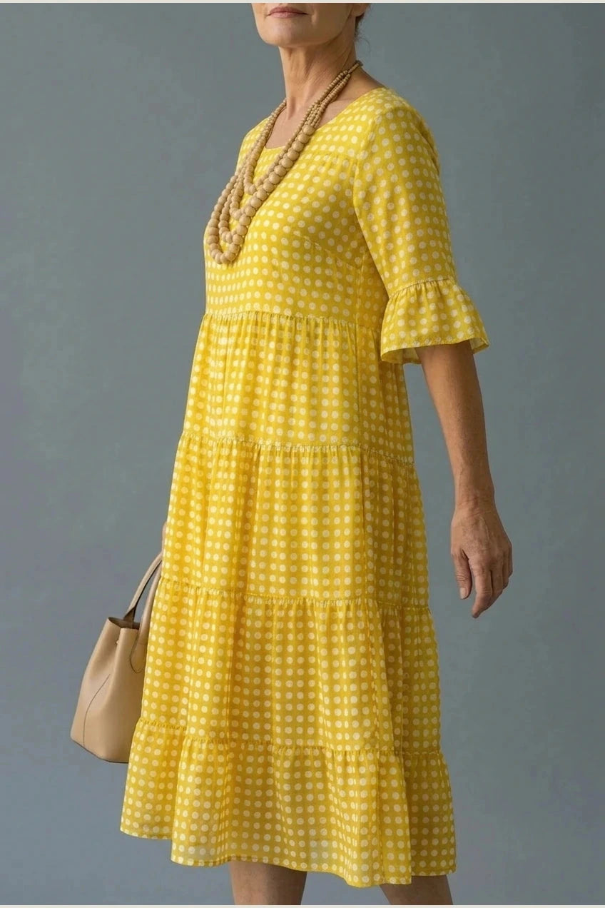 Polka Dot Tiered Midi Dress With Short Ruffle Sleeves And Square Neck