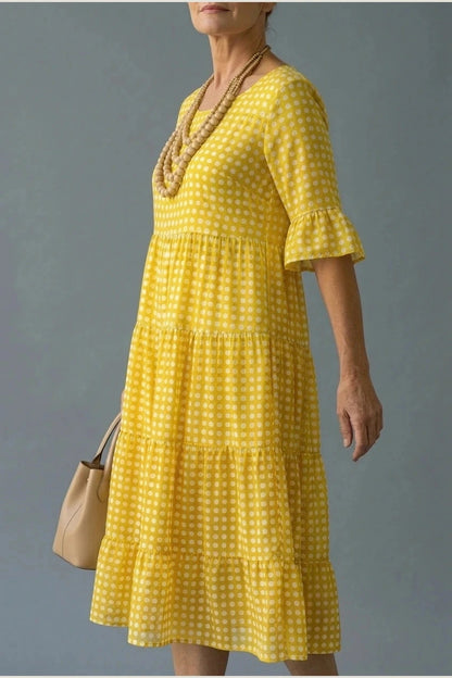 Polka Dot Tiered Midi Dress With Short Ruffle Sleeves And Square Neck