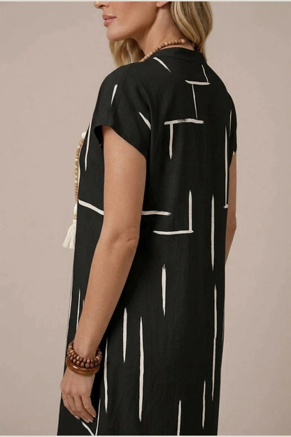Notch Neck Shift Short Sleeve Knee Length Dresses With Abstract Print