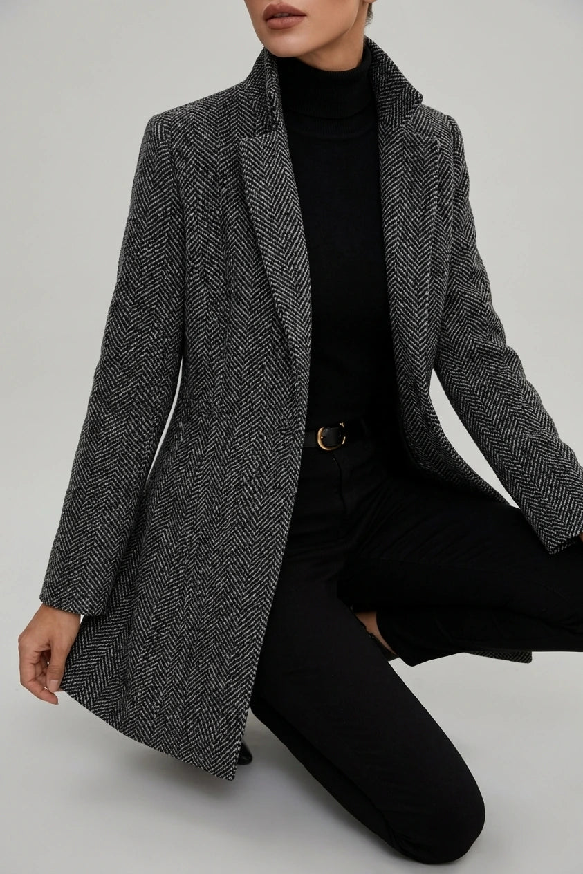 Polished Open Front Wool Coat with Herringbone Texture — variant_front
