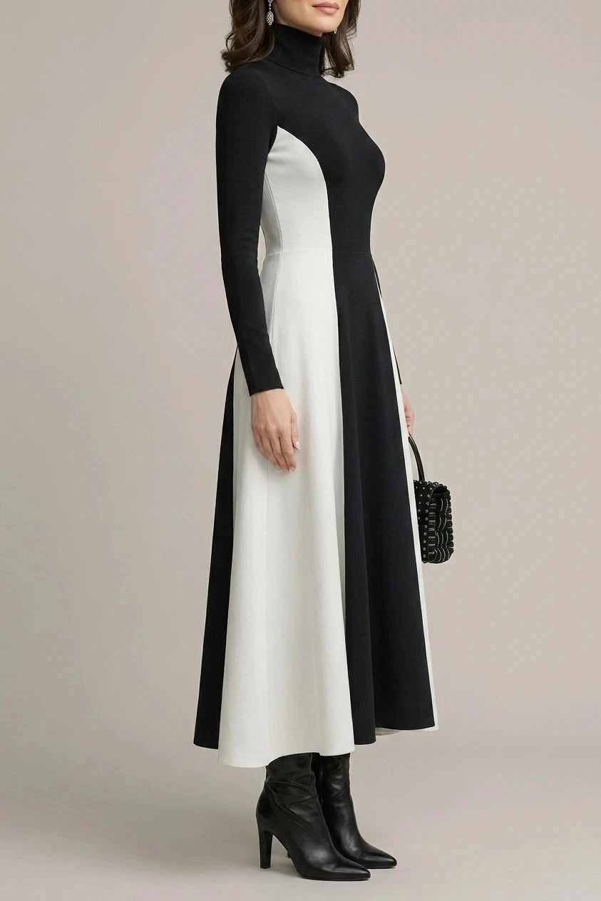 Sculpted Contrast Turtleneck Maxi Dress Fit-and-Flare Julia & Anne Dress Co