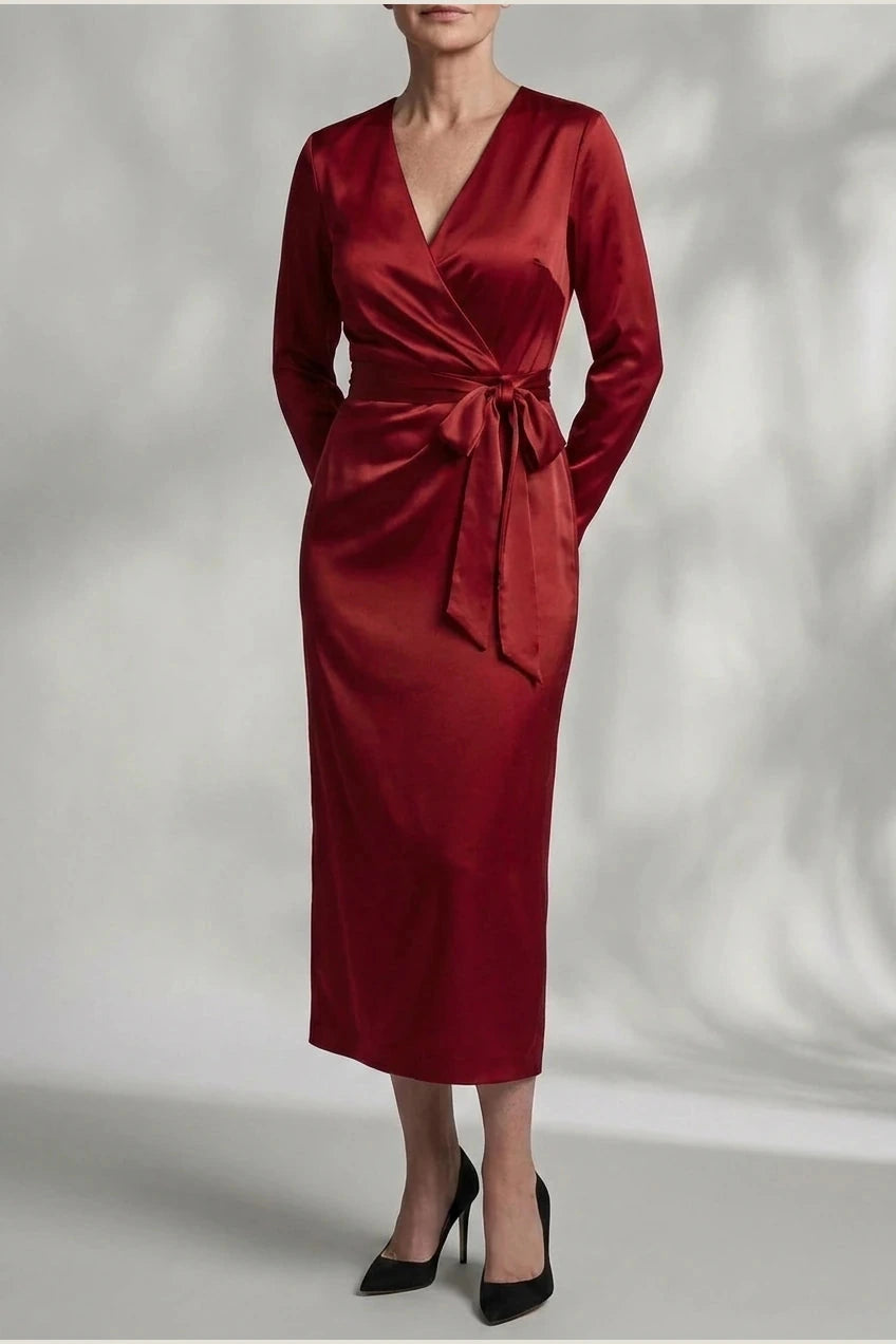 Satin Wrap Midi Dress With V-Neck Tie Waist And Long Sleeves
