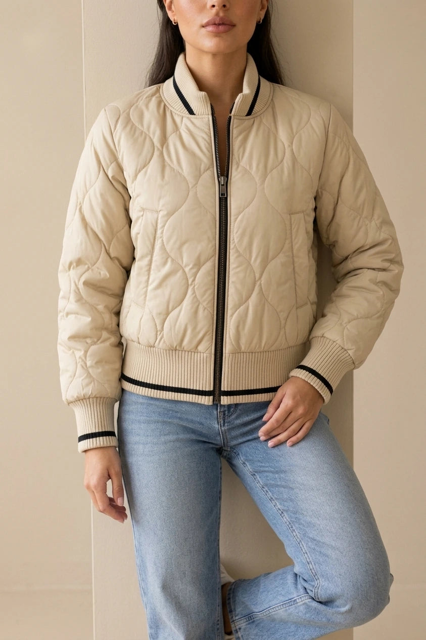 Women’s Quilted Bomber Jacket – Ribbed High Neck Zip-Up Coat — variant_front