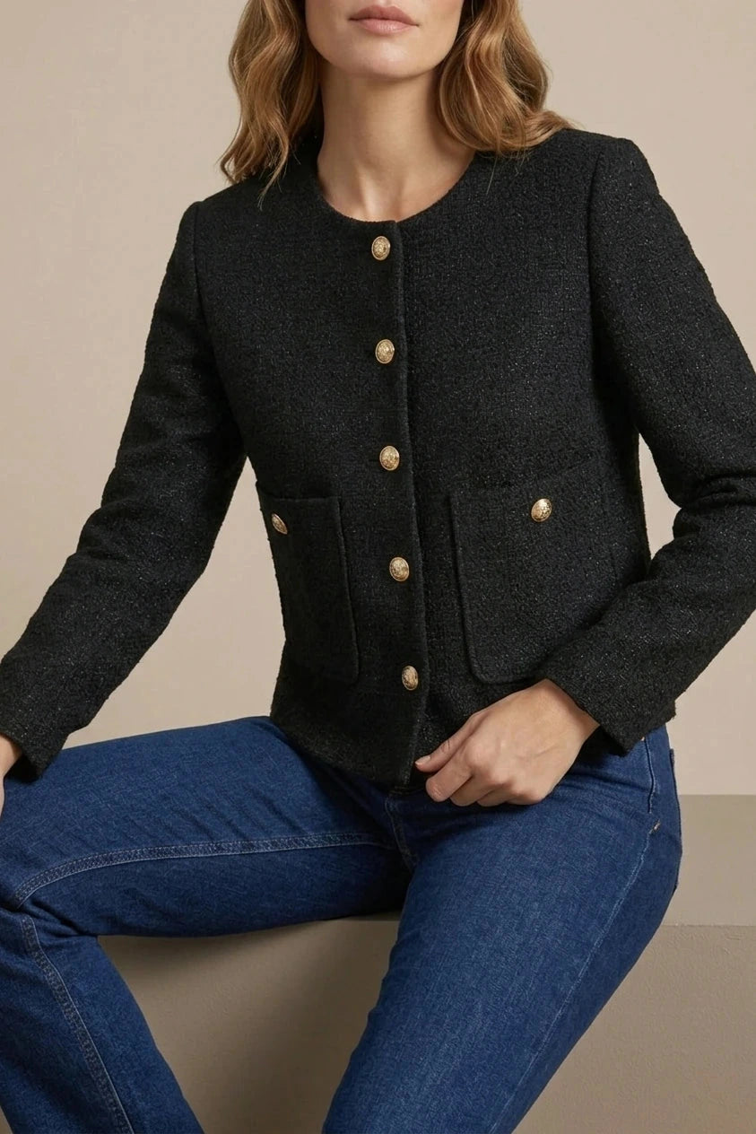 Minimalist Design Blazer Collarless Button-Front Patch Pocket Jacket
