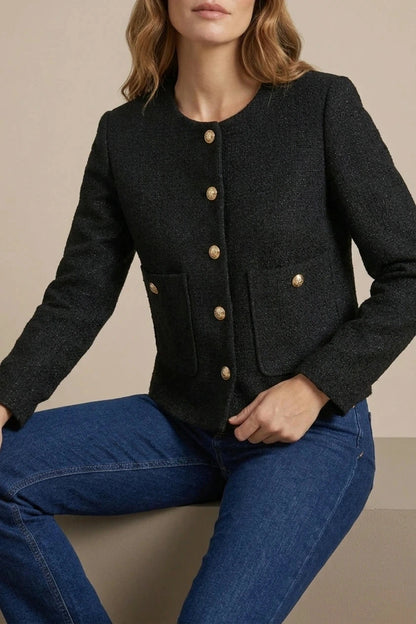 Minimalist Design Blazer Collarless Button-Front Patch Pocket Jacket