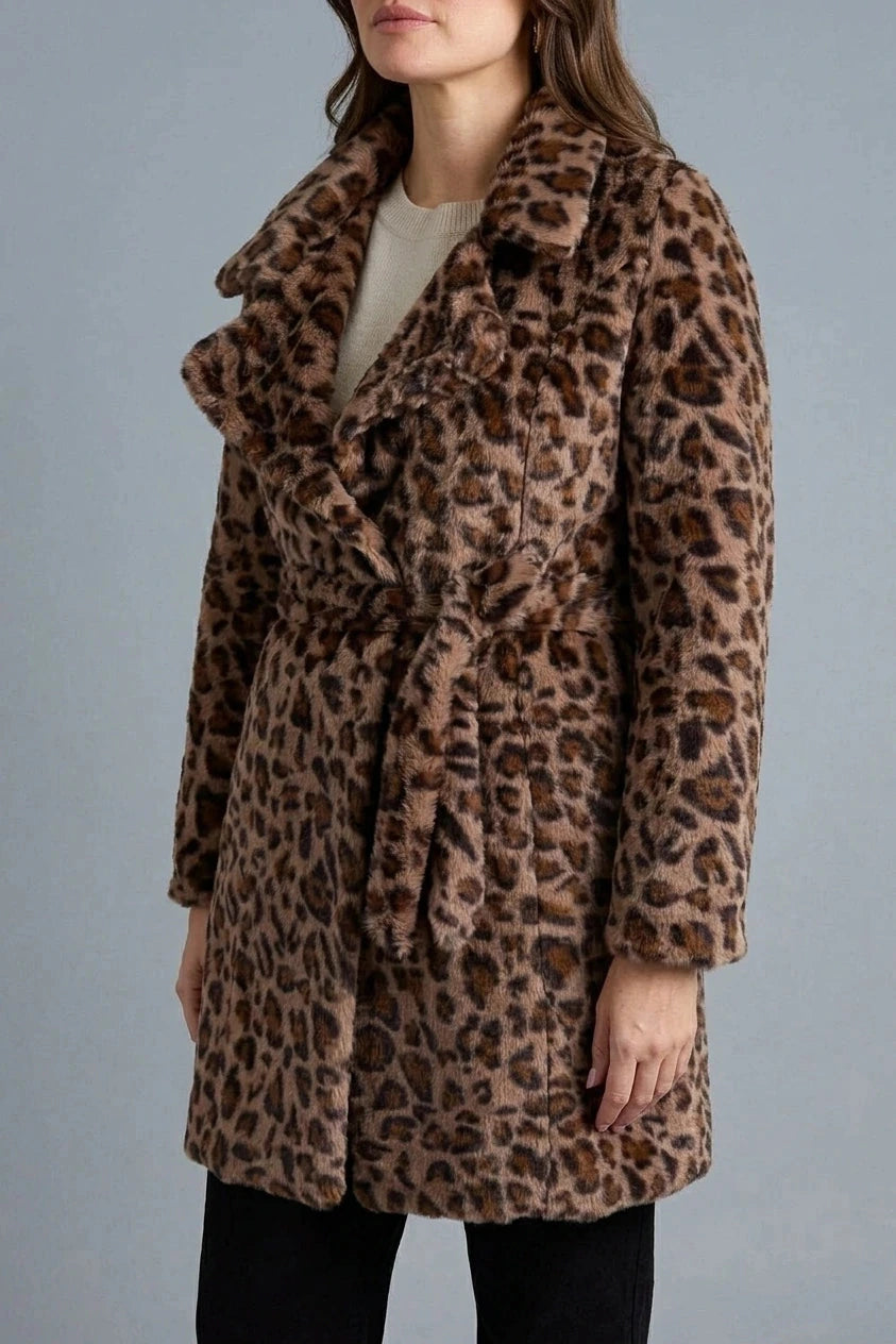 Animal Print Faux Fur Tie Waist Jacket, Belted Faux Fur Coat, Collared Jacket