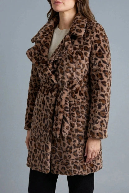 Animal Print Faux Fur Tie Waist Jacket, Belted Faux Fur Coat, Collared Jacket