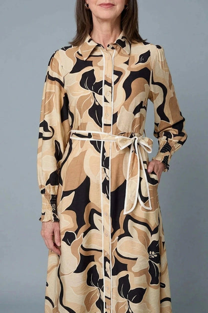 Abstract Floral Midi Shirt Dress Belted Button-Front Long Sleeve