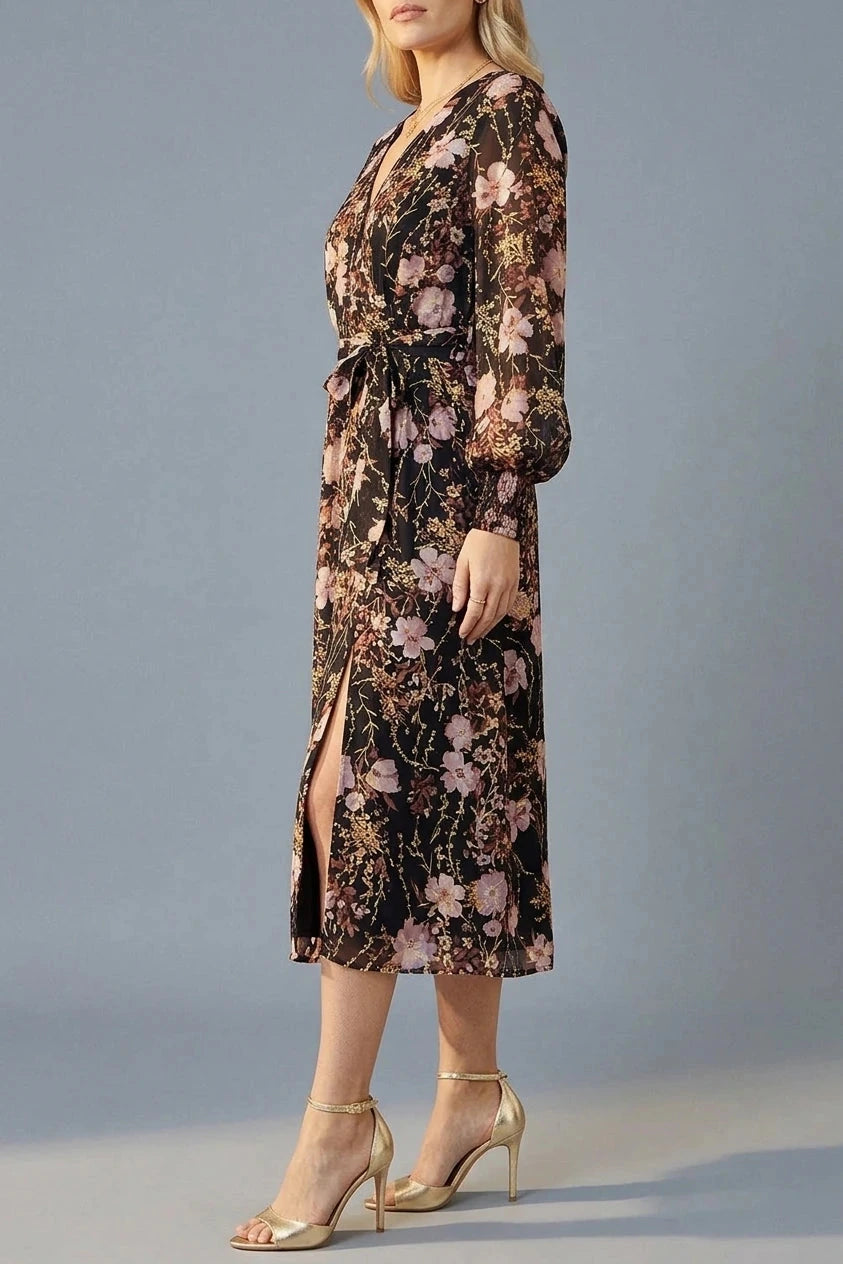 Foiled Floral Print Wrap Midi Dress With Belted Waist And Long Sleeves
