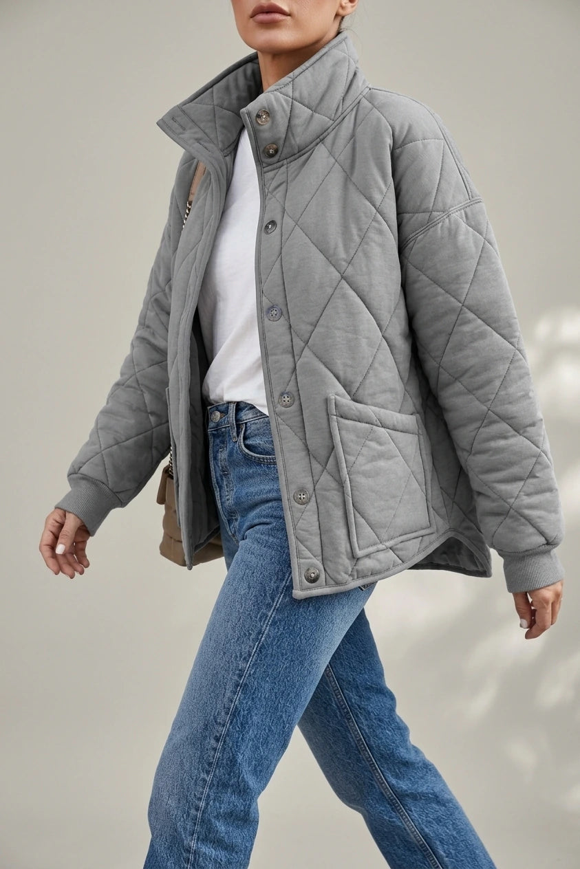 Relaxed Diamond Quilted Jacket with Stand Collar and Front Pockets — variant_front
