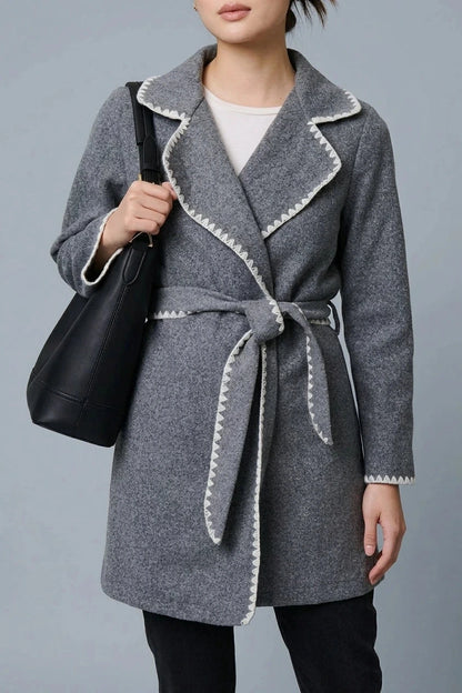 Blanket Stitch Coat With Belt, Notch Collar Tie-Waist Coat