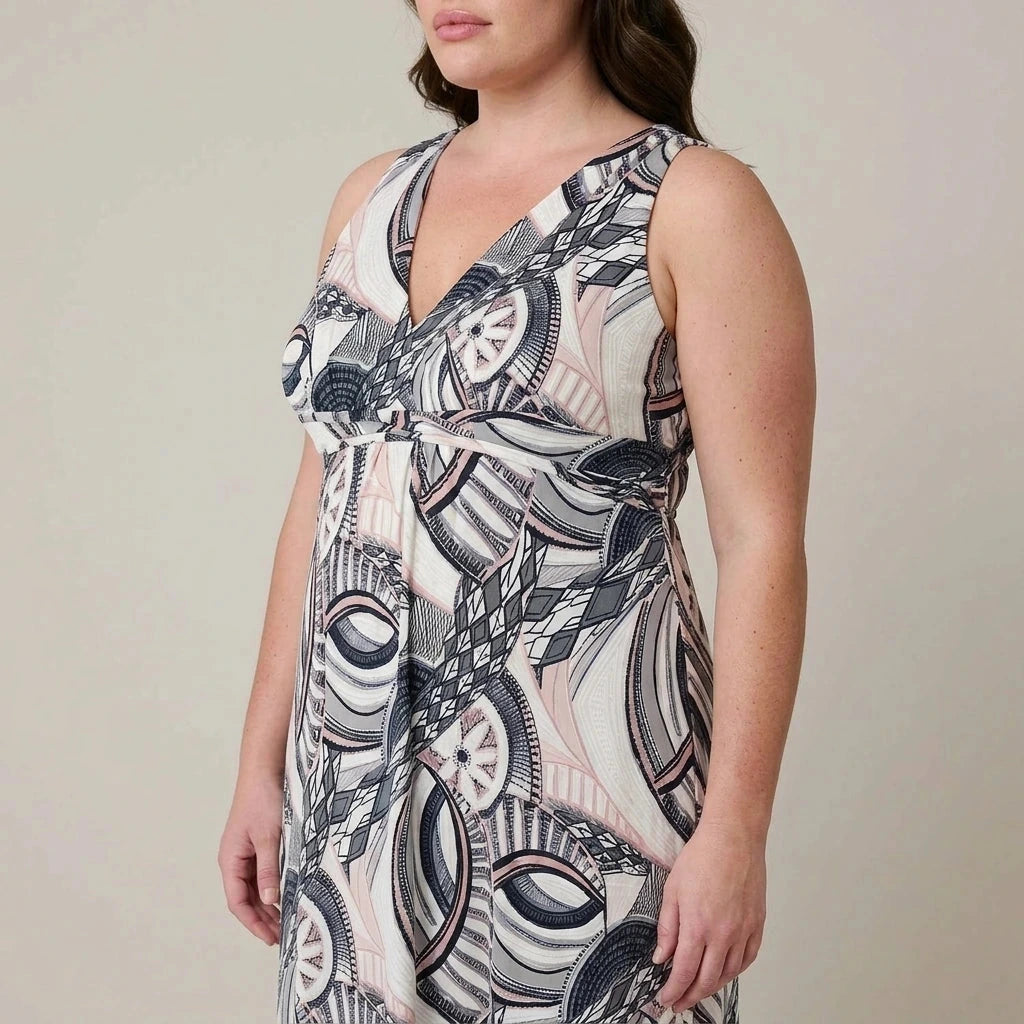 Abstract Print A-Line Maxi Dress V-Neck Sleeveless Empire Waist