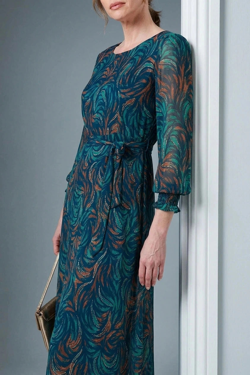 Abstract Long Sheer Sleeve Maxi Dress, Belted Waist, Round Neck