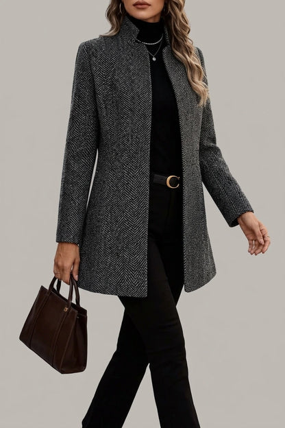Polished Open Front Wool Coat with Herringbone Texture — variant_front