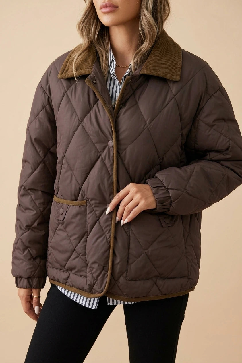 Quilted Jacket with Corduroy Collar and Contrast Trim — variant_front