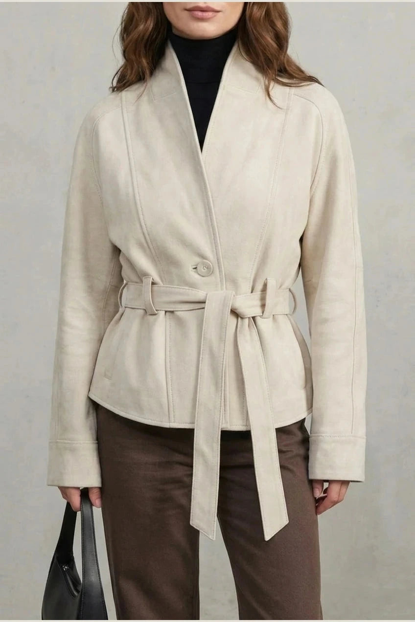 Cropped Double-Breasted Wool Jacket With Belted Waist And High Collar