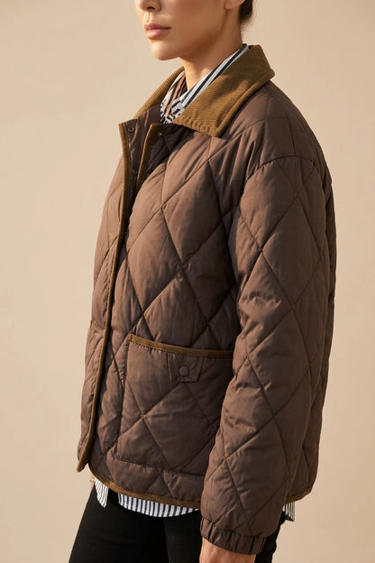 Quilted Jacket with Corduroy Collar and Contrast Trim — variant_front