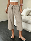 Beach Vacation Style Summer Women's Straight-Leg Trousers, Solid Color Drawstring Casual Summer Capri Pants for Women