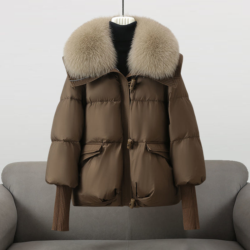 Cropped Puffer Jacket with Fur Collar and Knit Cuffs