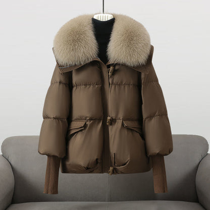 Cropped Puffer Jacket with Fur Collar and Knit Cuffs