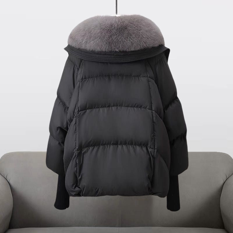 Cropped Puffer Jacket with Fur Collar and Knit Cuffs