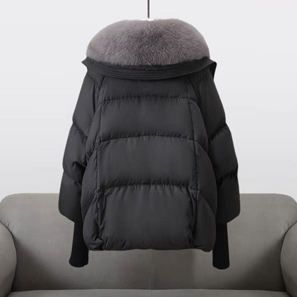 Cropped Puffer Jacket with Fur Collar and Knit Cuffs